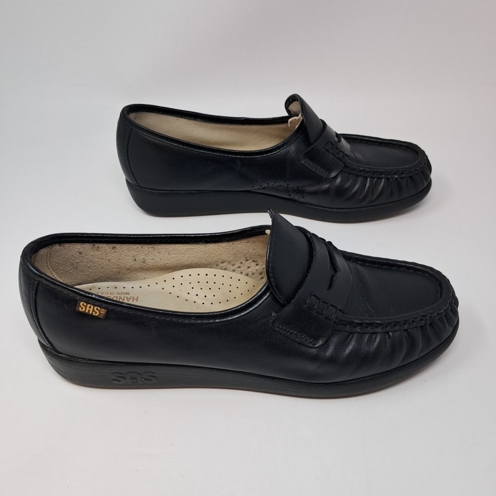 SAS Women's Loafer Shoes Black Leather Slip On Penny Wedge Heel Size 8.5